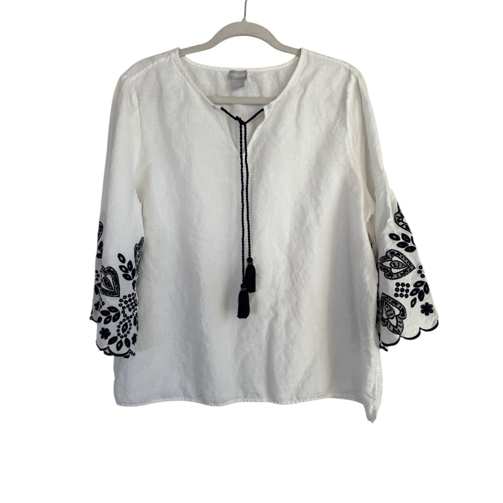 Chico's Linen Blend Cutwork 3/4 Sleeve Embroidered White Top Women's Sz 3 16/18